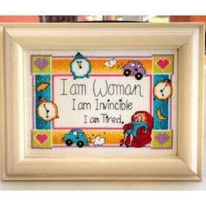 Cross-Stitch Wall Art With Wooden Frame "I Am Woman I Am Invincible I Am Tired"